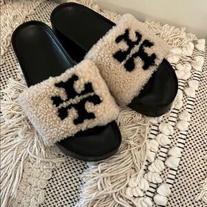 Tory Burch Cream and Black Shearling Slides size 7, gently worn